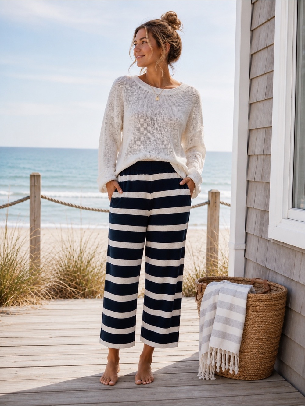 Coastal Wide Leg Cropped Navy And White Striped Beachy Sweater Pants Size M